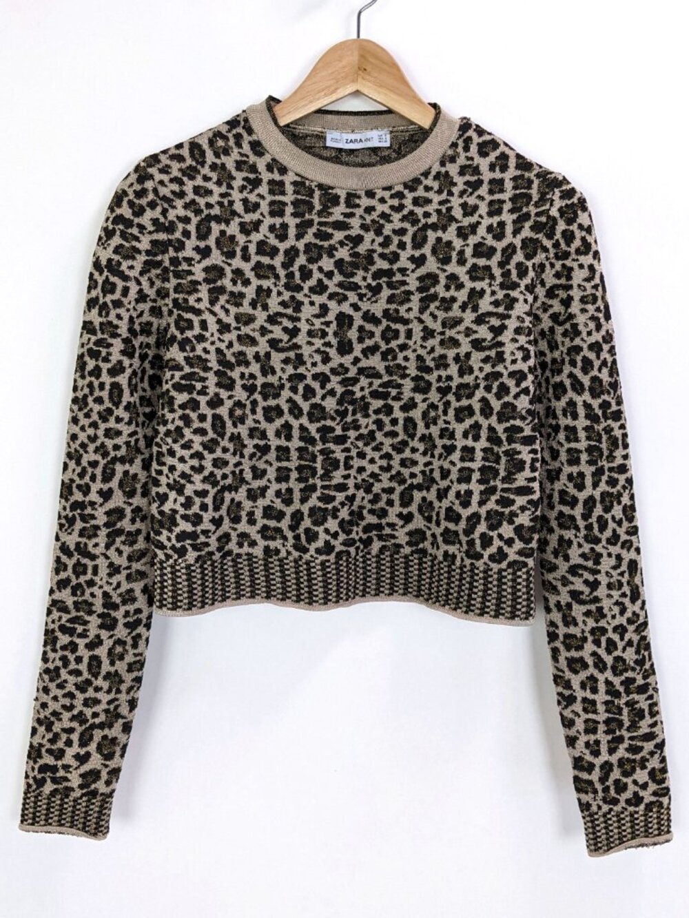 Zara Womens Leopard Animal Print Cropped Sweater Brown Metallic Gold Size S